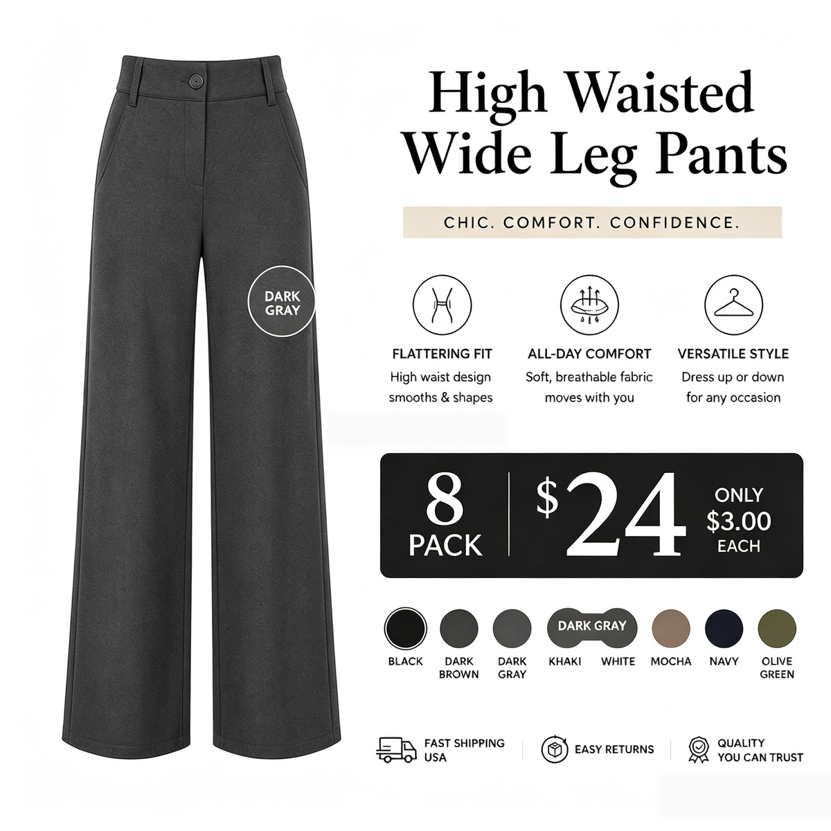 Women's High Waist Business Casual Pants - Loose Fit Work Trousers with Pockets