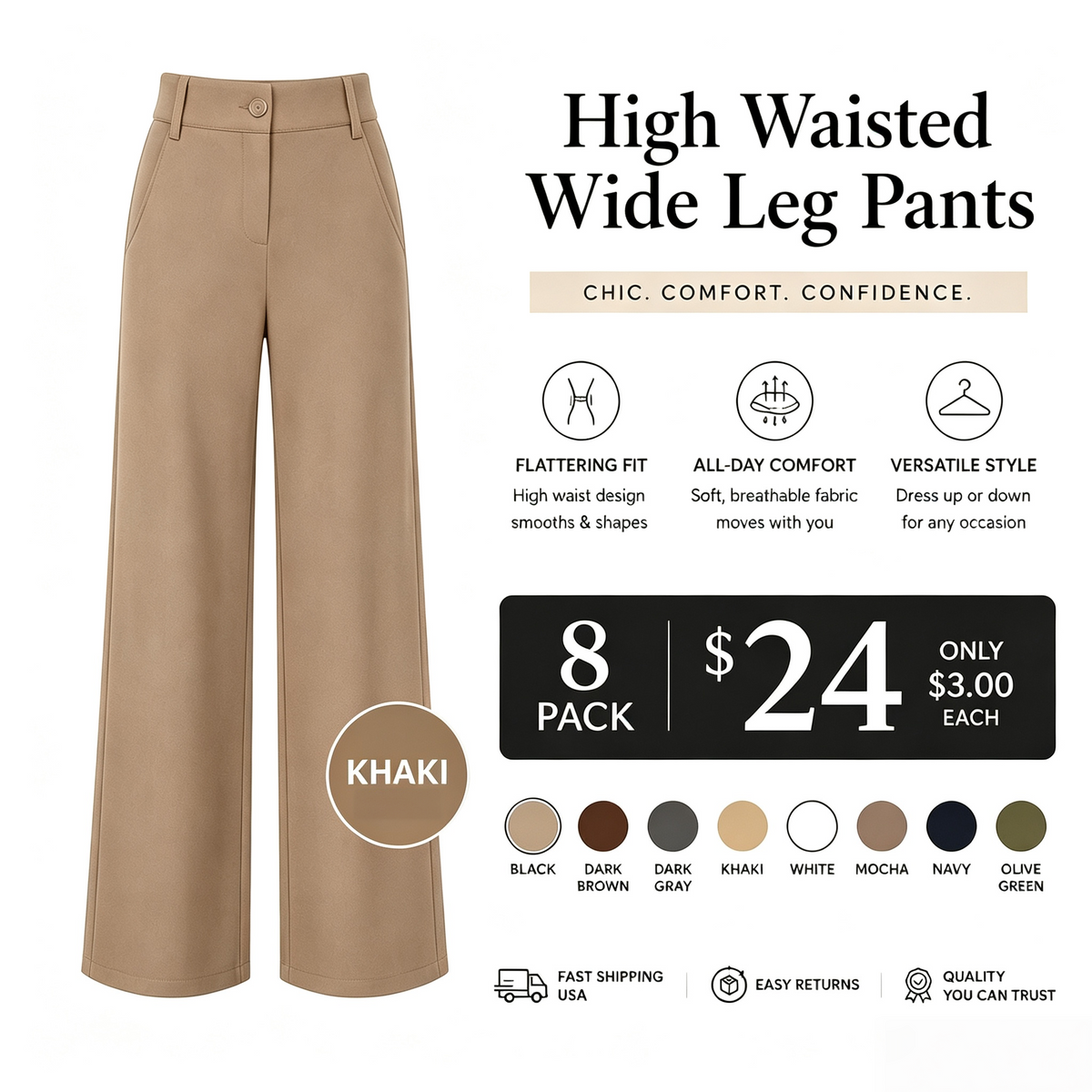 Women's High Waist Business Casual Pants - Loose Fit Work Trousers with Pockets