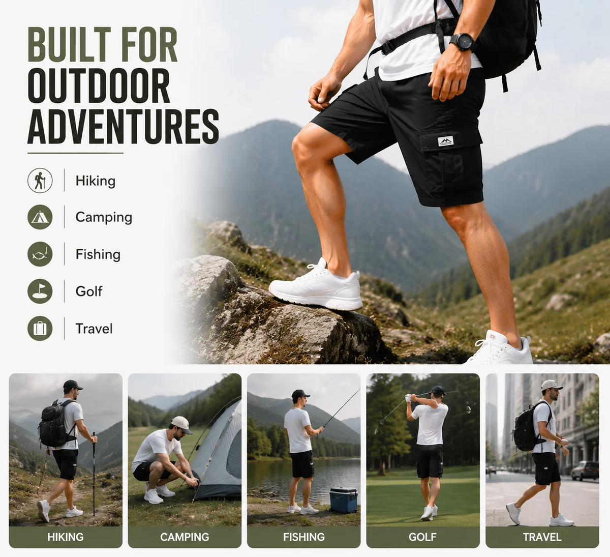 Men's Multi-Pocket Drawstring Cargo Shorts — Value Bundle