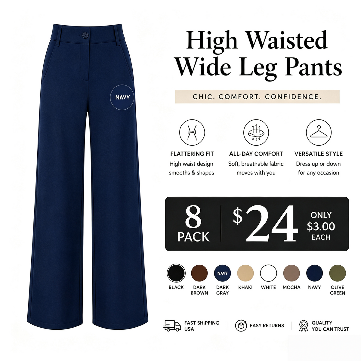 Women's High Waist Business Casual Pants - Loose Fit Work Trousers with Pockets