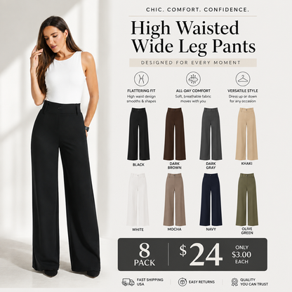 Women's High Waist Business Casual Pants - Loose Fit Work Trousers with Pockets